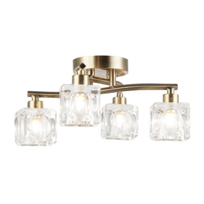 Happy Homewares Modern Antique Brass 4-Bulb Ceiling Light With Square Clear Ice Cube Shades - image 1
