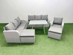 Fimous 6 Pieces Outdoor Pe Rattan Garden Furniture With Cushions Reclining Chair 2 Big Stools Light Grey - thumbnail 2