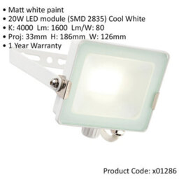 Outdoor Ip65 Waterproof Floodlight - 20W Cool White Led - Matt White Aluminium - thumbnail 2