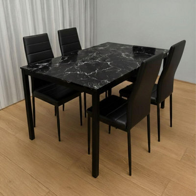 Kosy Koala Black Marble Effect Dining Table With 4 Black Faux Leather Chairs Kitchen Furniture - image 1