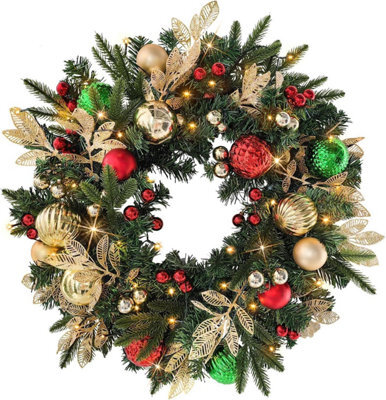 Artificial Christmas Wreath 60Cm Pre Lit With 35 Led Lights And Timer Faux Pine Greenery With Ornaments Battery Operated - image 1