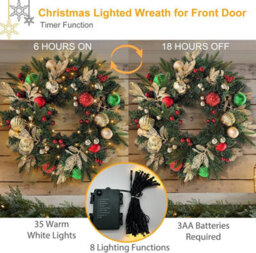 Artificial Christmas Wreath 60Cm Pre Lit With 35 Led Lights And Timer Faux Pine Greenery With Ornaments Battery Operated - thumbnail 6