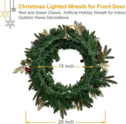 Artificial Christmas Wreath 60Cm Pre Lit With 35 Led Lights And Timer Faux Pine Greenery With Ornaments Battery Operated - thumbnail 3