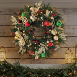 Artificial Christmas Wreath 60Cm Pre Lit With 35 Led Lights And Timer Faux Pine Greenery With Ornaments Battery Operated - thumbnail 2