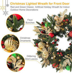Artificial Christmas Wreath 60Cm Pre Lit With 35 Led Lights And Timer Faux Pine Greenery With Ornaments Battery Operated - thumbnail 5