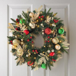 Artificial Christmas Wreath 60Cm Pre Lit With 35 Led Lights And Timer Faux Pine Greenery With Ornaments Battery Operated - thumbnail 4