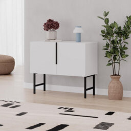 Decortie Modern Tona Console Cabinet W/soft-Close 2 Doors Sideboard Black Metal Legs 88(W)Cm, White - thumbnail 1