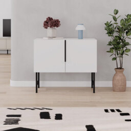 Decortie Modern Tona Console Cabinet W/soft-Close 2 Doors Sideboard Black Metal Legs 88(W)Cm, White - thumbnail 6