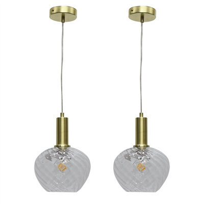 First Choice Lighting Set Of 2 Bradson - Clear Swirl Glass Satin Brass Deco Pendant Fittings - image 1