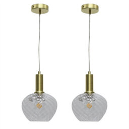 First Choice Lighting Set Of 2 Bradson - Clear Swirl Glass Satin Brass Deco Pendant Fittings - thumbnail 1