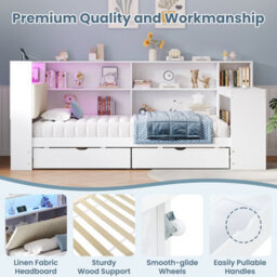 Abrihome 3Ft Single L-Shaped Daybed 90X190Cm With Storage Drawers & Bookcase, Led Linen Headboard With Charging Station, White - thumbnail 5