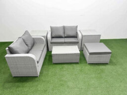 Fimous 5 Seater Outdoor Love Sofa Set Rattan Garden Furniture Set Rectangular Coffee Table Big Footstool 2 Side Tables Light Grey - thumbnail 1