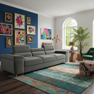 Torezio 3 Seater Sofa For Living Room With Adjustable Headrests Chipboard Frame Metal Legs 263X102X70Cm Grey - image 1