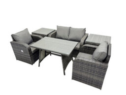 Fimous Outdoor Garden Furniture Set Rattan Sofa Dining Table Set With Reclining Chair 2 Side Tables Dark Grey Mixed - thumbnail 6