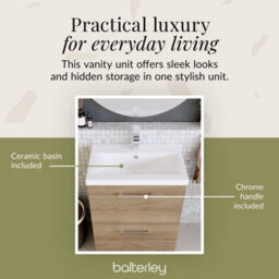 Balterley Contemporary Bathroom Floor Standing 2 Soft-Close Drawer Vanity Unit & Mid-Edge Ceramic Basin, Bleached Oak, 600 mm - thumbnail 7