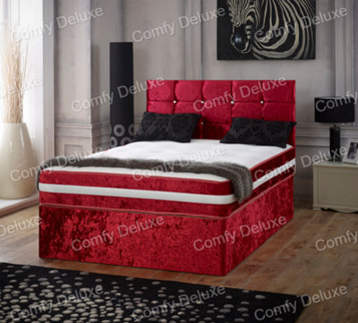 Comfy Deluxe 6Ft Red Crushed Superking Divan Bed Set With Headboard And Mattress 2 Drawers One Each Side