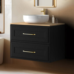 Heze Furniture Classic Bathroom 2 Drawer Wall Cabinet Vanity Unit 80Cm With Worktop - Black - thumbnail 1