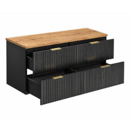 Impact Furniture Double Bathroom Vanity Unit Black Fluted Drawers 1200mm Oak Effect Countertop Modern Wall Hung Cabinet Adel - thumbnail 2