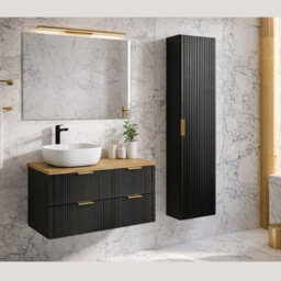 Impact Furniture Double Bathroom Vanity Unit Black Fluted Drawers 1200mm Oak Effect Countertop Modern Wall Hung Cabinet Adel - thumbnail 4