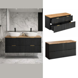 Impact Furniture Double Bathroom Vanity Unit Black Fluted Drawers 1200mm Oak Effect Countertop Modern Wall Hung Cabinet Adel