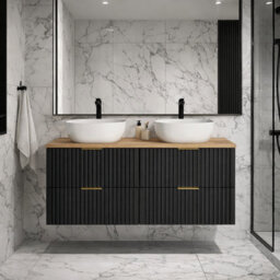 Impact Furniture Double Bathroom Vanity Unit Black Fluted Drawers 1200mm Oak Effect Countertop Modern Wall Hung Cabinet Adel - thumbnail 5