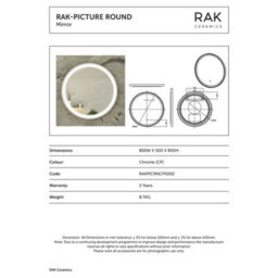 RAK Ceramics Rak Picture Round 800mm Led Illuminated Bathroom Mirror With Touch Sensor & Demister Pad, Chrome - thumbnail 2