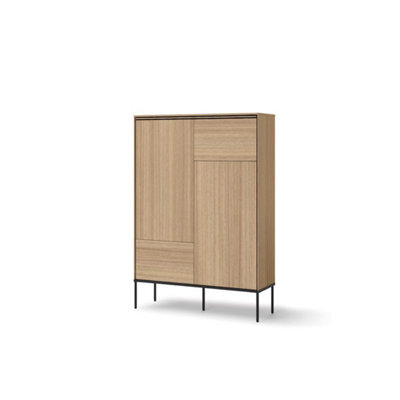 Arte Sleek Oak Linear Highboard Cabinet H1420mm W980mm D340mm - Modern Design With Black Metal Legs - image 1