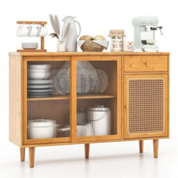 Kitchen Buffet Sideboard Storage Cabinet Cupboard W/ Tempered Glass Sliding Door - thumbnail 1
