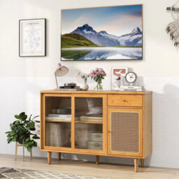 Kitchen Buffet Sideboard Storage Cabinet Cupboard W/ Tempered Glass Sliding Door - thumbnail 3