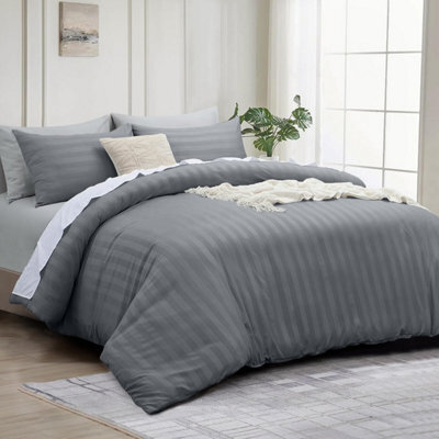 Bedlooms Grey Stripe Duvet Cover Complete Bedding Set, Breathable & Anti-Allergic Microfiber, Single 135X200Cm - image 1