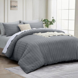 Bedlooms Grey Stripe Duvet Cover Complete Bedding Set, Breathable & Anti-Allergic Microfiber, Single 135X200Cm