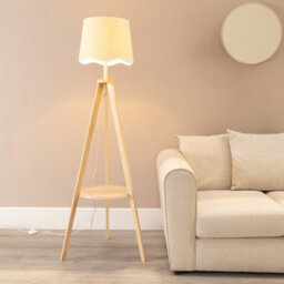 Valuelights Morrigan Natural Wood Shelf Tripod Floor Lamp With White Trim Scallop Shade - thumbnail 1