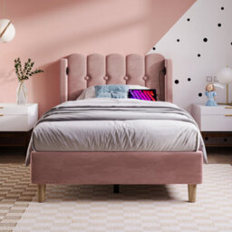 Btm Pink Velvet Single Bed Frame With Usb Charging Upholstered 3Ft Bed For Bedroom Or Guest Room - thumbnail 2
