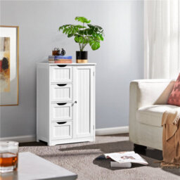Yaheetech White Wooden Freestanding Bathroom Cabinet With 4 Drawers And Cupboard - thumbnail 1