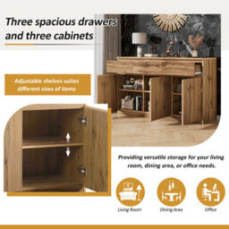 Oak Buffet Cabinet Storage Sideboard Farmhouse Server Bar Wine Cabinet With 3 Drawers & 3 Doors Adjustable Shelves Console Table - thumbnail 4