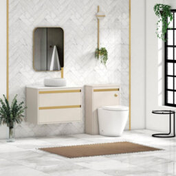 Royal Bathrooms Orion 800mm Warm Taupe Wall Hung Plain White Countertop Vanity Unit 2 Drawer With Milan Basin & Brushed Brass Accent Trim - thumbnail 3
