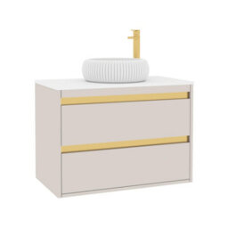 Royal Bathrooms Orion 800mm Warm Taupe Wall Hung Plain White Countertop Vanity Unit 2 Drawer With Milan Basin & Brushed Brass Accent Trim - thumbnail 6