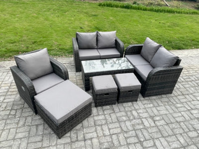 Fimous Rattan Outdoor Garden Furniture Sofa Set Patio Table & Chairs Set With 3 Footstools Dark Grey Mixed - image 1