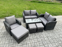 Fimous Rattan Outdoor Garden Furniture Sofa Set Patio Table & Chairs Set With 3 Footstools Dark Grey Mixed - thumbnail 1