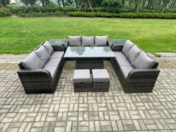 Fimous 11 Seater Garden Dining Sets Outdoor Rattan Furniture Lounge Sofa Height Adjustable Rising Lifting Table - thumbnail 2