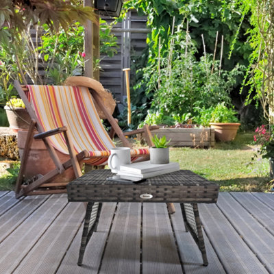 Outsunny Foldable Outdoor Coffee Table, Steel Frame Rattan Side Table, Grey - image 1