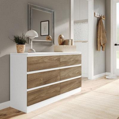 Urbn-Living Urbnliving 120Cm Width White Wooden Chest Of Oak 6 Drawers Bedroom Furniture Storage Bedside Table Modern Cabinet - image 1