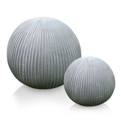 Set Of 2 Idealist™ Fluted Grey Reinforced Stone Concrete Effect Garden Decorative Balls: D25 + D30Cm, 5.5 + 7.7Lbs - image 1