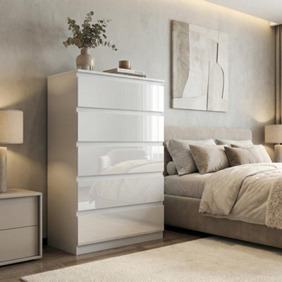 Soho 5 Drawer Chest Of Drawers White High Gloss Dresser Bedroom Storage