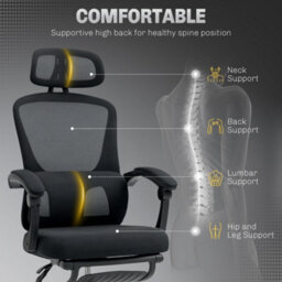 Homcom Mesh Ergonomic Office Chair With Lumbar Support, Headrest, Black - thumbnail 4