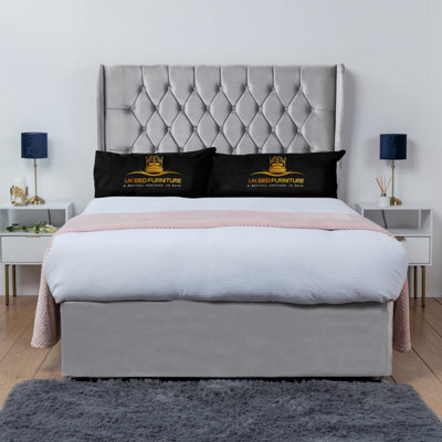 UKBEDFURNITURE Mary Silver Plush Wingback Divan Bed Base With 54 Inch Headboard & 10 Inch Orthopaedic Mattress - No Storage - image 1
