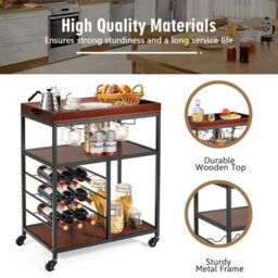 Costway 3-Tier Kitchen Island Cart Rolling Bar Serving Trolley W/ Wine Rack - thumbnail 6