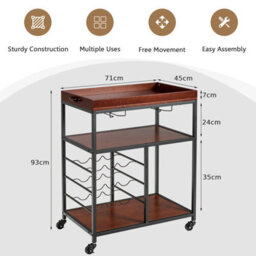 Costway 3-Tier Kitchen Island Cart Rolling Bar Serving Trolley W/ Wine Rack - thumbnail 2