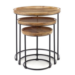 Elm Home And Garden Round Nest Of Three 3 Tables End Lamp Light Solid Mango Wood Black Metal Frame 57Cm H X 54Cm W X 54Cm D - thumbnail 3
