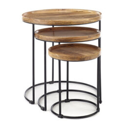 Elm Home And Garden Round Nest Of Three 3 Tables End Lamp Light Solid Mango Wood Black Metal Frame 57Cm H X 54Cm W X 54Cm D - thumbnail 2